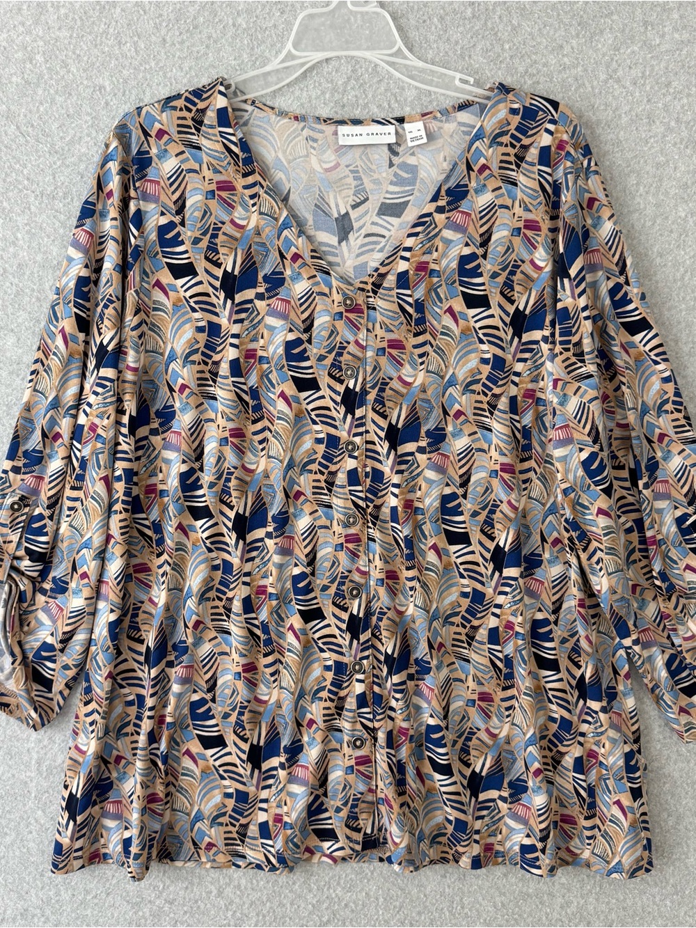 Susan Graver Liquid Knit Top Blouse Long Roll Tab Sleeves Abstract Print Art XL
